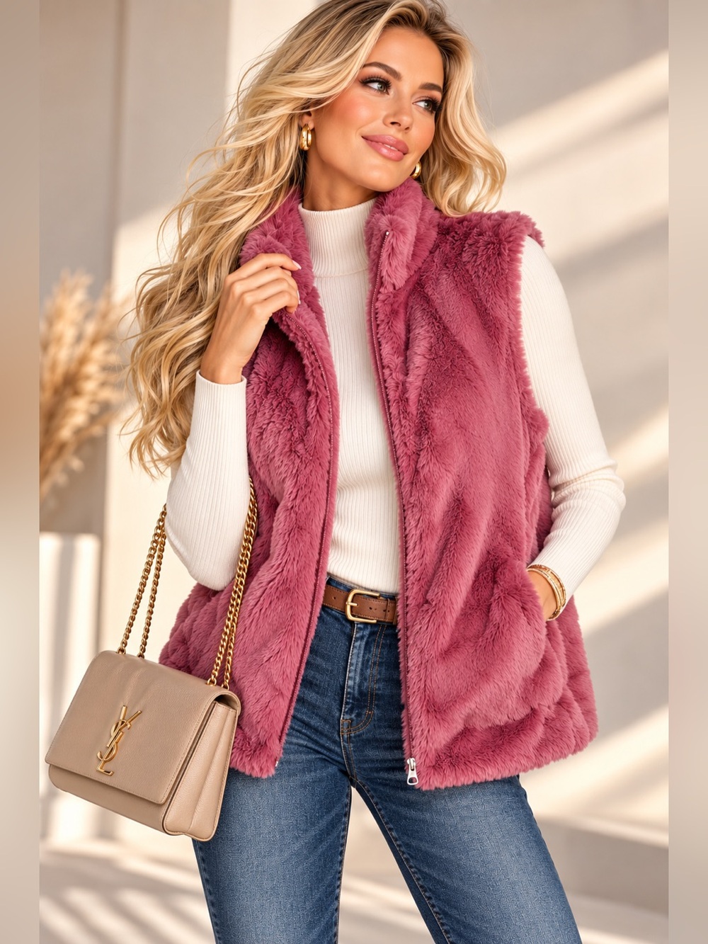 J.Crew Pink Faux Fur Plush Zip-Up Vest Women’s Medium Cozy Winter Layer